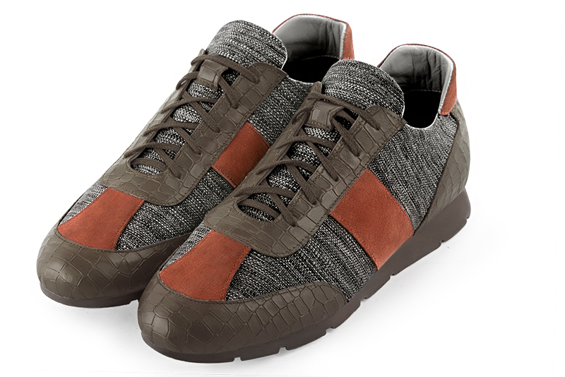 Taupe brown, dark grey and terracotta orange two-tone dress sneakers for men. Round toe. Flat rubber soles - Florence KOOIJMAN